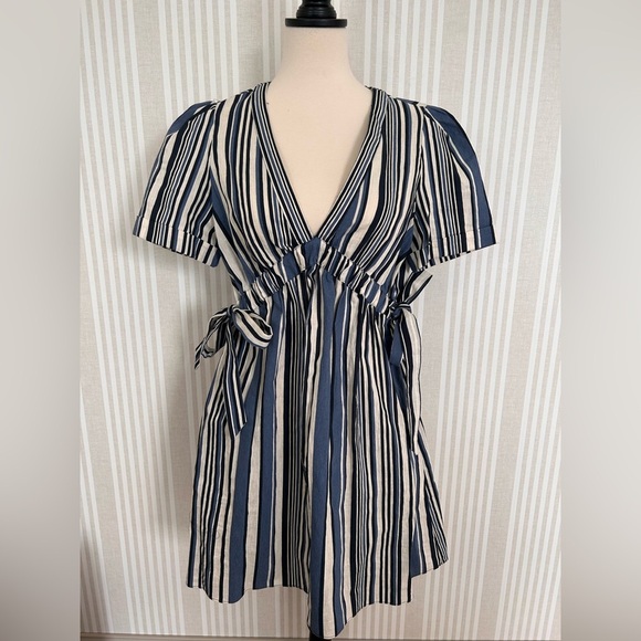 Zara Trafaluc Striped Cotton Linen Blend Deep V-neck Puff Sleeve Dress Large - Picture 1 of 6